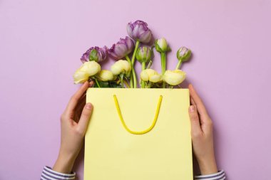 Concept of spring shopping and season sale, top view