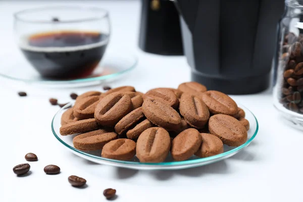 Concept Tasty Snack Hot Drink Cookies Shape Coffee Seeds — Stok Foto