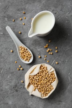 Soya sütü ve soya, sağlıklı besin konsepti için kompozisyon.