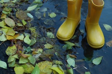 Yellow rubber boots outdoor in rainy weather