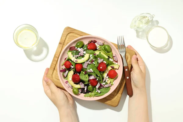 Conceito Comida Saborosa Salada Com Morango Vista Superior — Fotografia de Stock