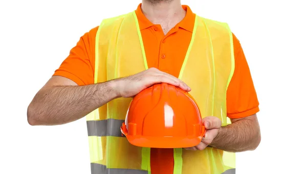 白い背景に隔離された安全帽子を持つ若い男の土木技師 — ストック写真