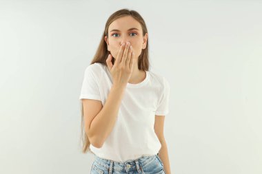 Concept of people, young woman on light background