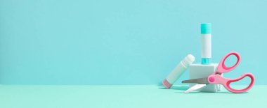 Concept of different office stationery with glue