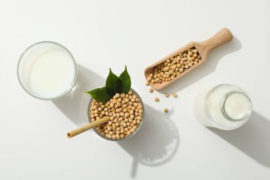 Soya sütü ve soya, sağlıklı besin konsepti için kompozisyon.