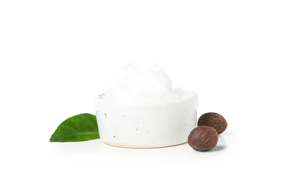 Bowl Shea Butter Ingredients Isolated White Background — Stock Photo, Image
