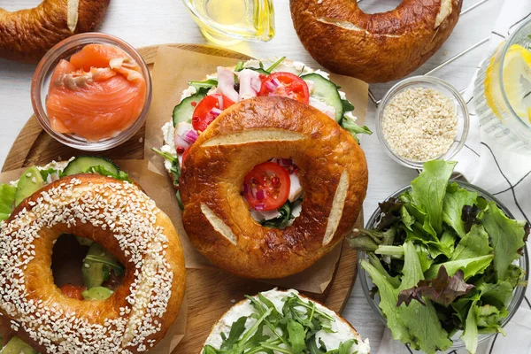 Concept of delicious food - tasty bagel sandwich, top view