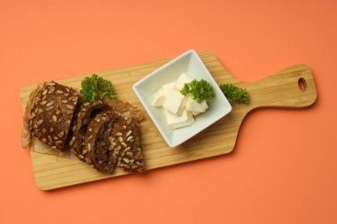 Concept of breakfast, eat food with butter, top view