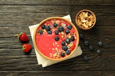 Concept of delicious food with smoothie with different ingredients, top view