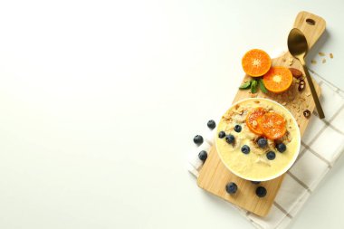 Concept of delicious food with smoothie with different ingredients, space for text