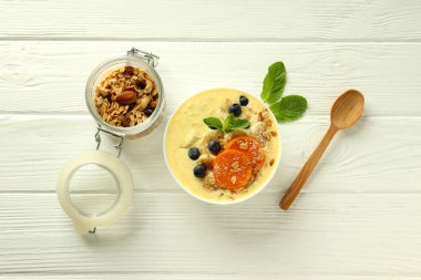 Concept of delicious food with smoothie with different ingredients, top view