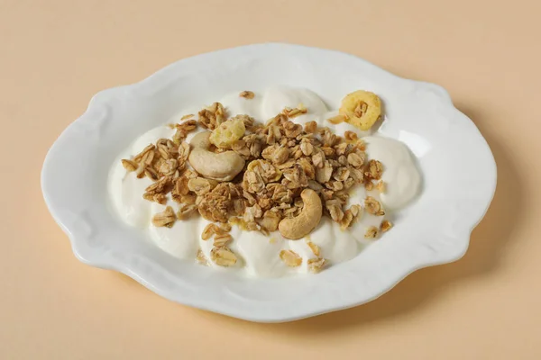 Sabroso Nutritivo Concepto Desayuno Muesli Con Yogur — Foto de Stock
