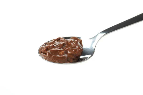 Lepel Met Chocolade Pasta Geïsoleerd Witte Achtergrond — Stockfoto