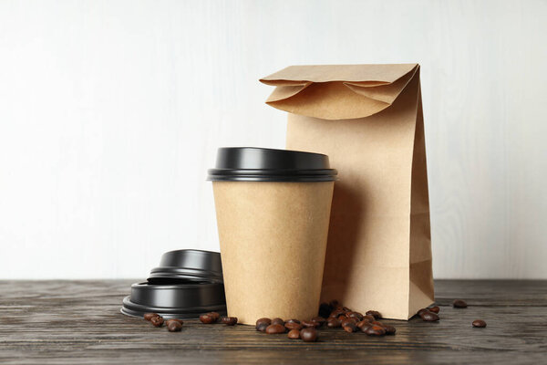 Blank paper cup, composition for delivery and take away concept, space for text