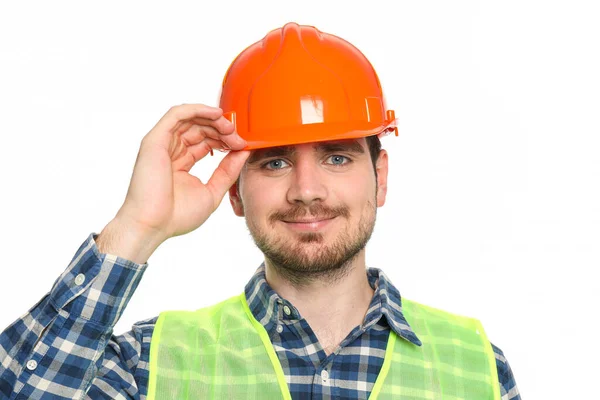 白い背景に隔離された安全帽子の若い男の土木技師 — ストック写真