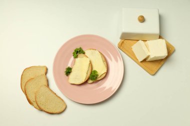 Concept of breakfast, eat food with butter, top view