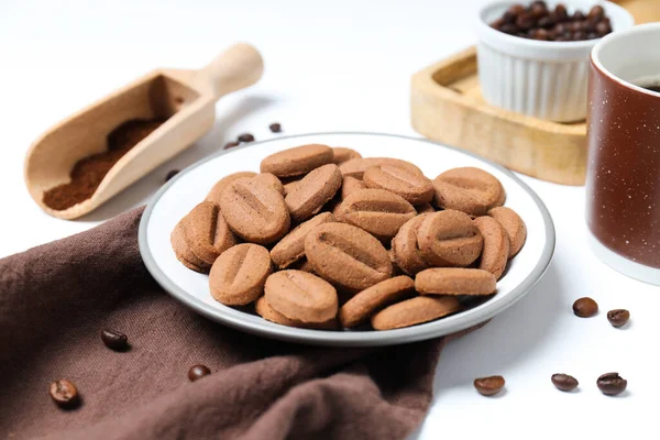 Concept Tasty Snack Hot Drink Cookies Shape Coffee Seeds — Fotografia de Stock