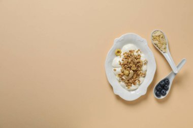 Lezzetli ve besleyici kahvaltı konsepti - yoğurtlu müsli.