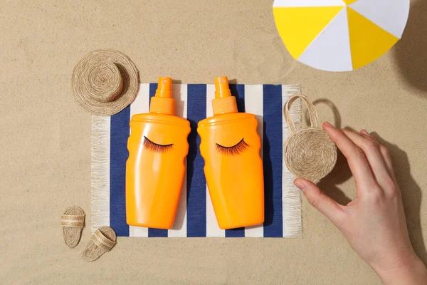 Concept of summer skin care accessories, top view
