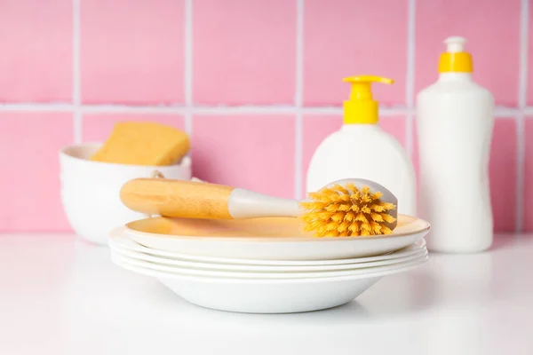 Detergente Accesorios Para Lavar Limpiar Platos —  Fotos de Stock