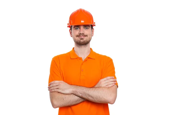 年轻的土木工程师 戴着白色背景的安全帽 — 图库照片