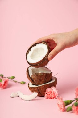 Pembe arka planda hindistan cevizi olan yaz konsepti kompozisyonu