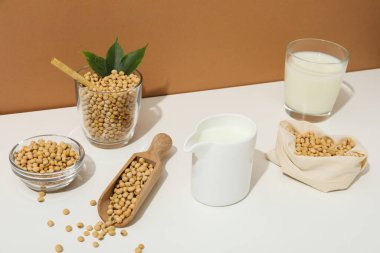Soya sütü ve soya, sağlıklı besin konsepti için kompozisyon.