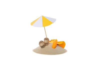 Beyaz arka planda izole edilmiş yaz aksesuarları ile kum