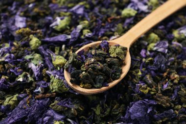 Concept of tasty hot drink, Anchan tea, close up