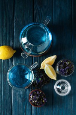 Concept of tasty hot drink, Anchan tea, top view