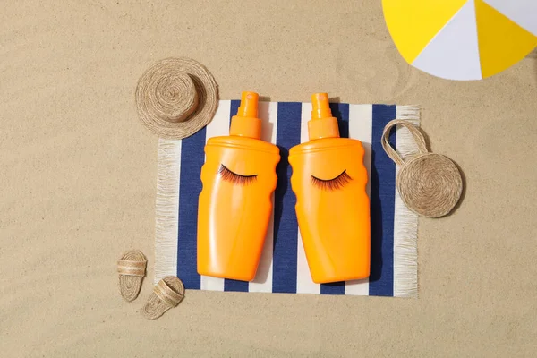 Concept of summer skin care accessories, top view