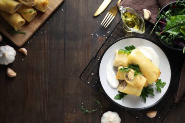 Concept of tasty food, thin pancakes with filling, space for text