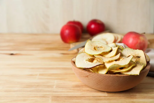 Concept Tasty Food Dried Apple Chips Space Text — 스톡 사진