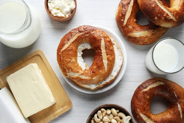 stock image Concept of tasty food - bagel, top view