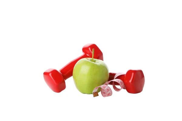 苹果减肥及测量带的概念 在白色背景下隔离 — 图库照片