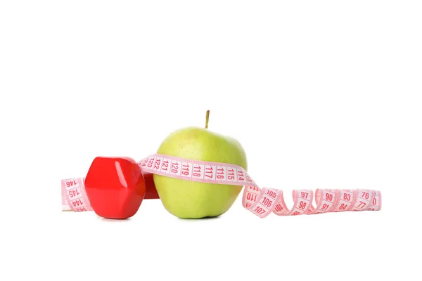 Concept Weight Loss Apple Measuring Tape Isolated White Background — Stock Photo, Image