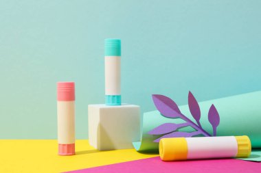 Concept of different office stationery with glue