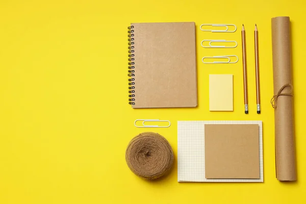Mockup Flat Lay Different Office Accessories Yellow Background — Stock Photo, Image