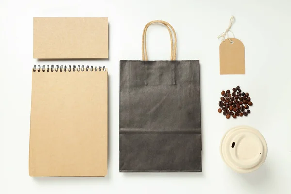 stock image Mockup flat lay with craft accessories and coffee beans on white background