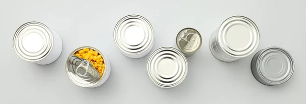 stock image Canned food in blank metal jars, concept of canned food