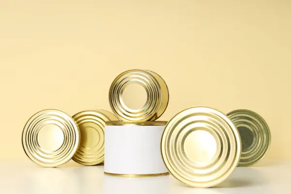 stock image Canned food in blank metal jars, concept of canned food