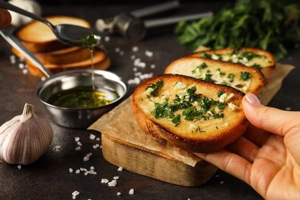 Tasty Toasts Garlic Homemade Products Appetizer — Stock Photo, Image