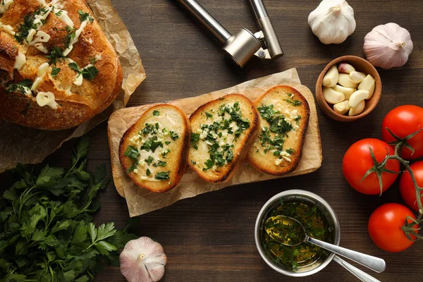 stock image Tasty toasts with garlic, homemade products appetizer