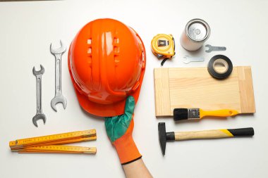 Farklı iş aksesuarları, mühendislik malzemeleri ve araçları kavramı