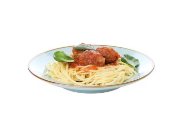 PNG, lezzetli yemek kavramı. Köfteli makarna, beyaz arka planda izole edilmiş.