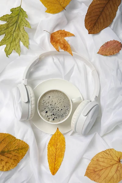 Concept Freelance Composition Hot Drink Headphones — Stock Photo, Image