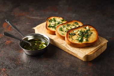 Tasty toasts with garlic, homemade products appetizer clipart