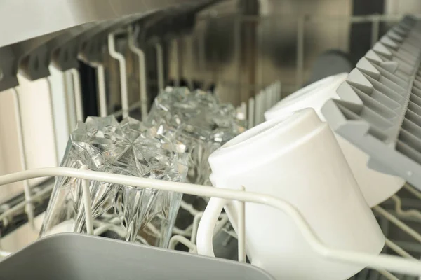 Open Dishwasher Metal Shelves Dishes — Stock Photo, Image
