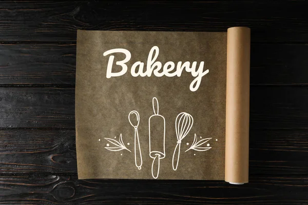 Backpapier Mit Text Bäckerei Auf Holzgrund — Stockfoto