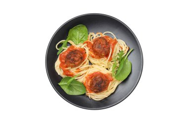 PNG, lezzetli yemek kavramı. Köfteli makarna, beyaz arka planda izole edilmiş.